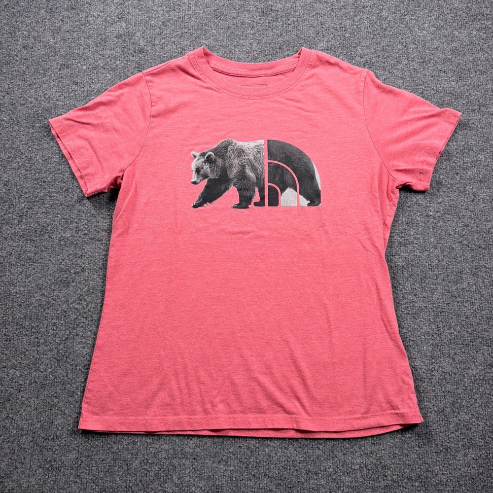 The North Face T Shirt Womens L Pink Grizzly Bear Logo Graphic Tee Short Sleeve